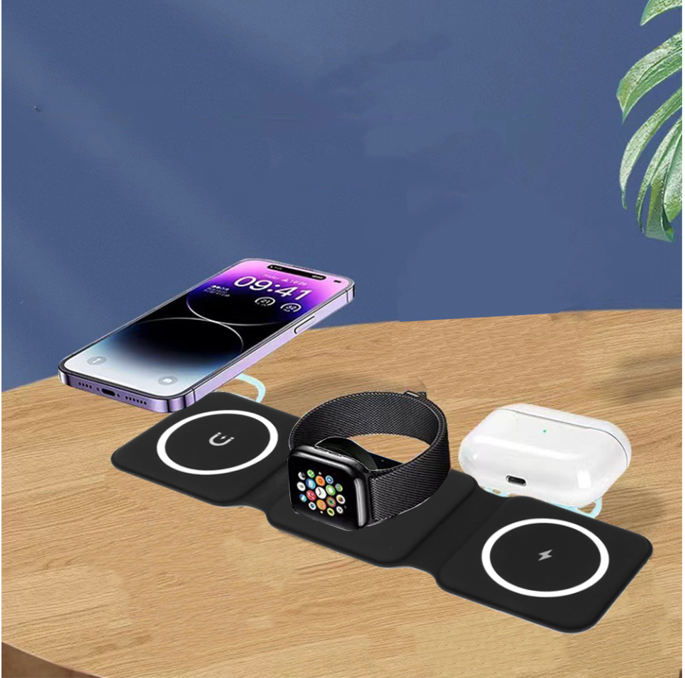 3 in 1 Foldable 15W Magnetic Wireless Charger Mat Pad for iPhone Apple Watch - Black